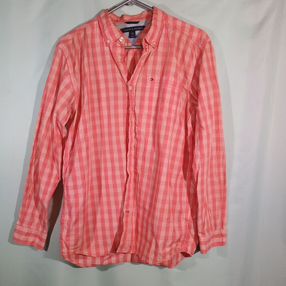 Tommy Hilfiger Men's Pink Checkered Button Down Shirt Long Sleeve Casual